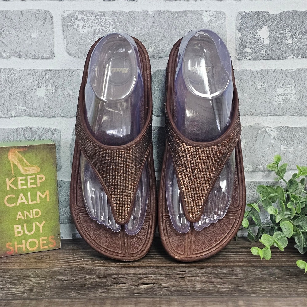 Bata Womens Brown Rhinestone Platform‎ Flip Flop Sandals Wedge Thong Size 7